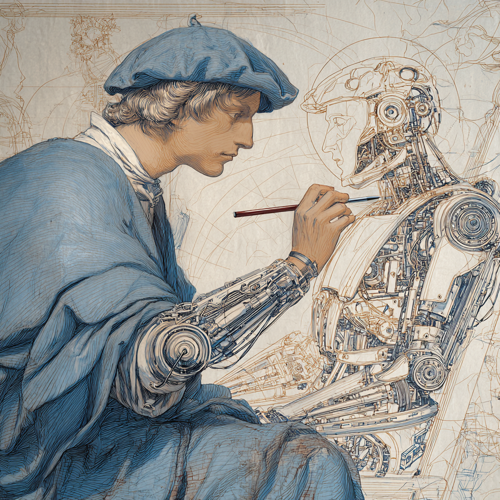 Leonardo da Vinci drawing a robot